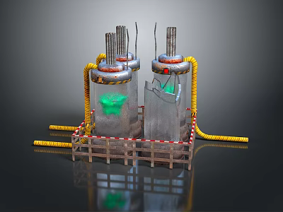 Space Exploration Aerospace Structure With Silver Cylindrical Bodies Metal Rods Yellow Hoses And Green Glow 3d model