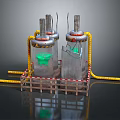 Space Exploration Aerospace Structure With Silver Cylindrical Bodies Metal Rods Yellow Hoses And Green Glow