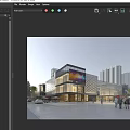 Modern Sales Office Exterior Design With Glass Curtain Wall And Digital Display Among High-Rise Buildings