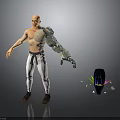 Bald Shirtless Cyborg Character With Mechanical Arm White Pants And Helmet