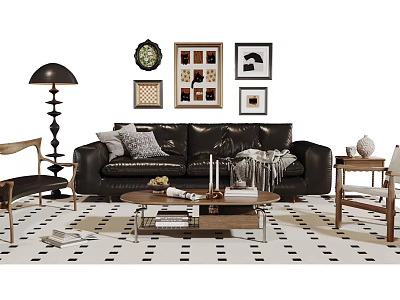 Stylish Sofa and Coffee Table Set with Throw Pillows Decorative Paintings and Floor Lamp on Checkered Rug 3d model