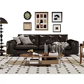 Stylish Sofa and Coffee Table Set with Throw Pillows Decorative Paintings and Floor Lamp on Checkered Rug
