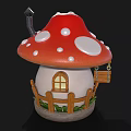 Mushroom Shaped Wooden House with Red White Spotted Roof Snow Small Chimney and Green Plants