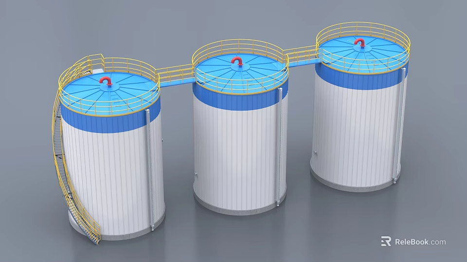 Industrial Storage Tanks Cylindrical Design With Blue Tops Yellow Railings And Staircases 3d model 