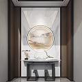Modern Console Table Design With Round Mirror Marble Wall And Decorative Accents 3d model