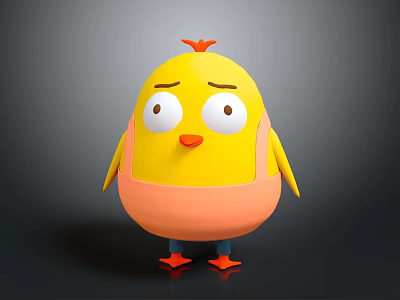 Yellow Cartoon Chicken With Orange Comb Big Eyes Sad Expression Orange Bib And Blue Feet 3d model