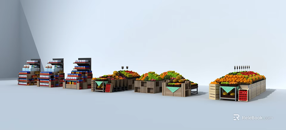 Retail Display Shelves With Fresh Fruits And Vegetables Arranged In Market Setting 3d model 