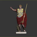 Roman Warrior Statue With Gold Silver Armor Spear And Red Cloak On White Pedestal