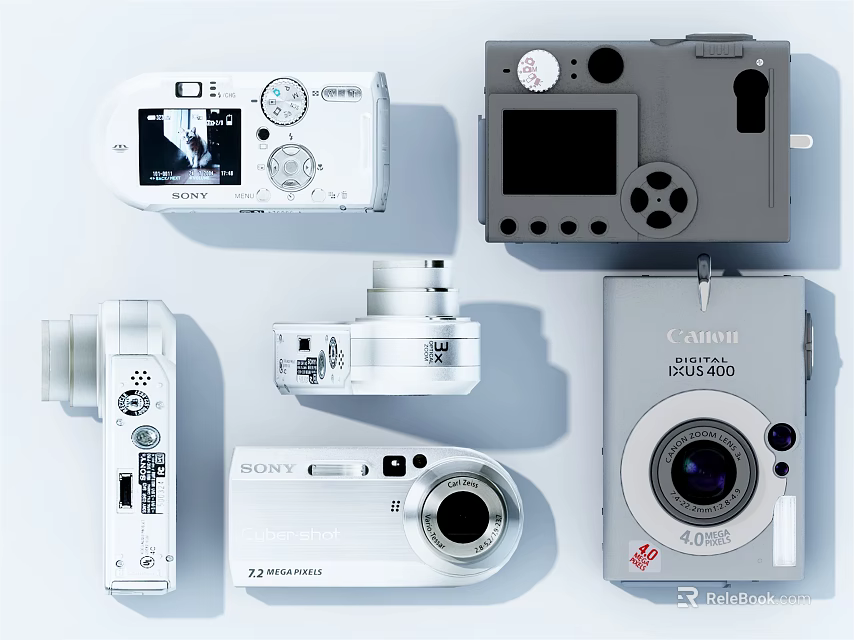 Various Digital Cameras With Different Brands And Classic Designs On 3d model