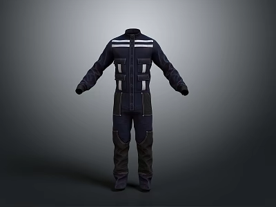 Dark Blue Workwear Jumpsuit With White Stripes And Multiple Pockets For Daily Use 3d model
