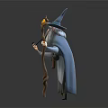 Wizard Fantasy Character In Robe Pointed Hat With Long Beard Holding Pumpkin Head Staff