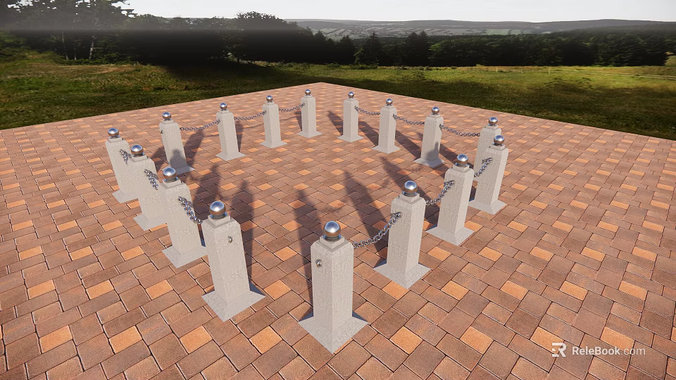 Road Facilities With Concrete Bollards Linked By Chains On Brick Pavement Surface 3d model