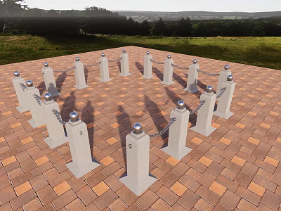 Road Facilities With Concrete Bollards Linked By Chains On Brick Pavement Surface 3d model