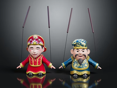 Traditional Folk String Puppets In Colorful Costumes With Decorative Hats And Strings 3d model