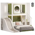 Green And White Kids Bunk Bed With Slide Stairs Circular Window And Gray Mattress