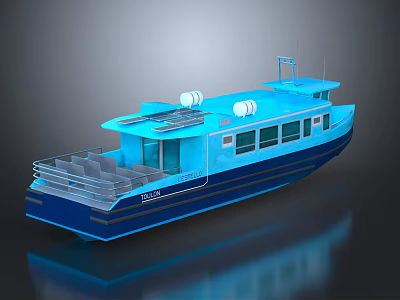 Modern Blue Wooden Boat With Upper Deck Large Windows And Shiny Exterior 3d model