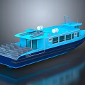 Modern Blue Wooden Boat With Upper Deck Large Windows And Shiny Exterior