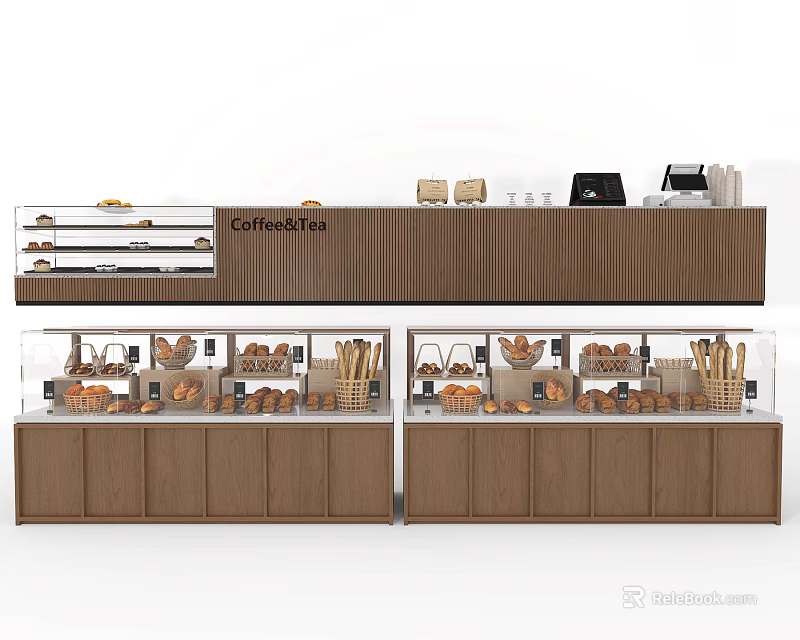 Warm Sweet Shop Interior Featuring Wooden Counter Glass Display Cases Bread And Pastries 3d model 