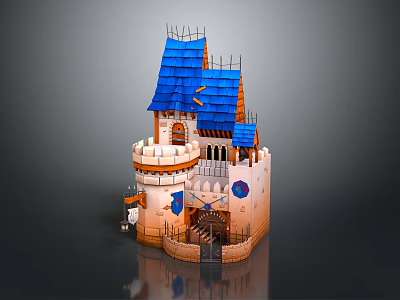 Cartoon Castle Scene With Blue Roof Tower And Decorative Flags Windows 3d model