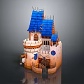 Cartoon Castle Scene With Blue Roof Tower And Decorative Flags Windows
