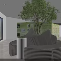 Cultural Center Modern Interior With Green Tree Art Installations And Exhibition Space