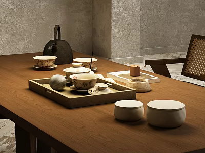 Traditional Tea Set with Teapot Cups Tray and Caddies on Wooden Table with Gray Walls 3d model