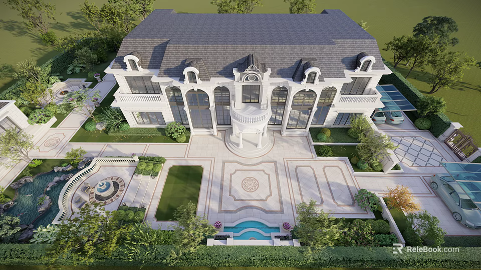 Luxurious Villa Courtyard Garden With Fountain Pool Paved Paths And Lush Greenery 3d model 