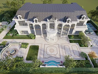 Luxurious Villa Courtyard Garden With Fountain Pool Paved Paths And Lush Greenery 3d model