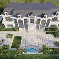 Luxurious Villa Courtyard Garden With Fountain Pool Paved Paths And Lush Greenery