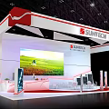 SUNTECH Exhibition Booth Red White Design With Top Logo Large Screen And Green Field