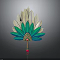 Colorful Feather Fan Design With Green White Feathers Red Handle And Central Gem