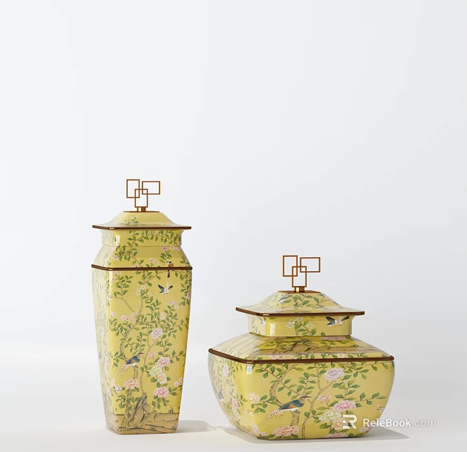 Yellow Ceramic Vessels With Floral Bird Patterns Square Lids And Geometric Handles 3d model 