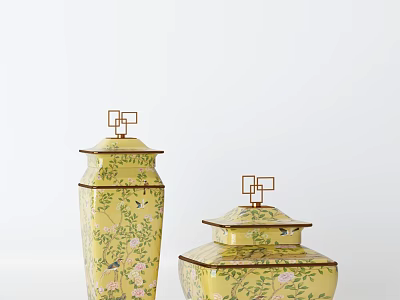 Yellow Ceramic Vessels With Floral Bird Patterns Square Lids And Geometric Handles 3d model