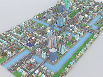 Detailed Cartoon Cityscape With Colorful Buildings Streets Rivers And Bridges 3d model