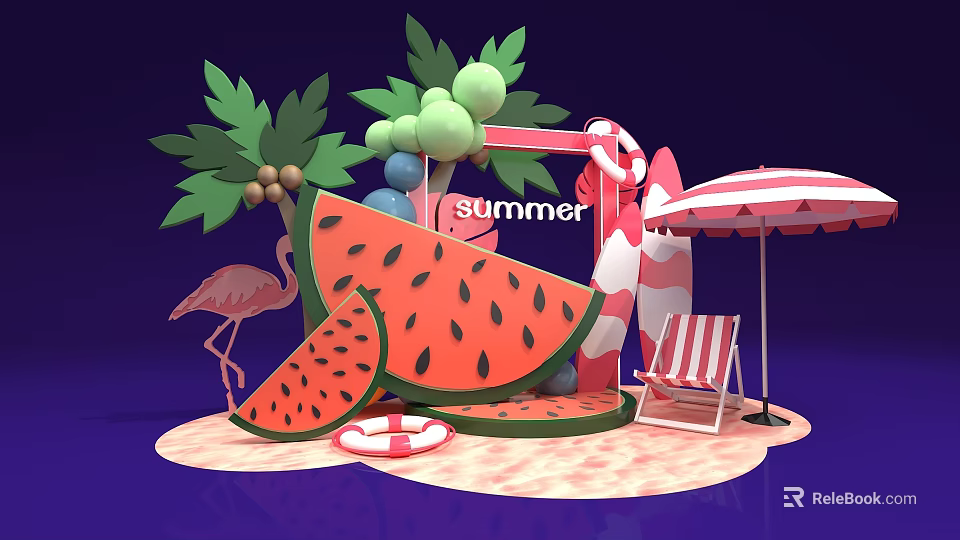Summer Beach Scene With Watermelon Flamingo Palm Tree And Umbrella 3d model 