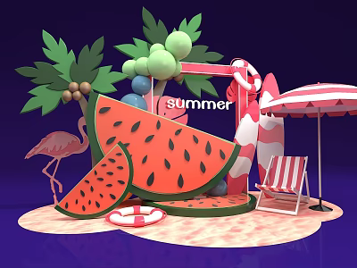 Summer Beach Scene With Watermelon Flamingo Palm Tree And Umbrella 3d model