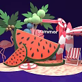Summer Beach Scene With Watermelon Flamingo Palm Tree And Umbrella