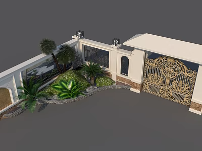 Luxury Residential Entrance With Ornate Golden Iron Gate White Wall Palm Trees And Landscaped Garden 3d model