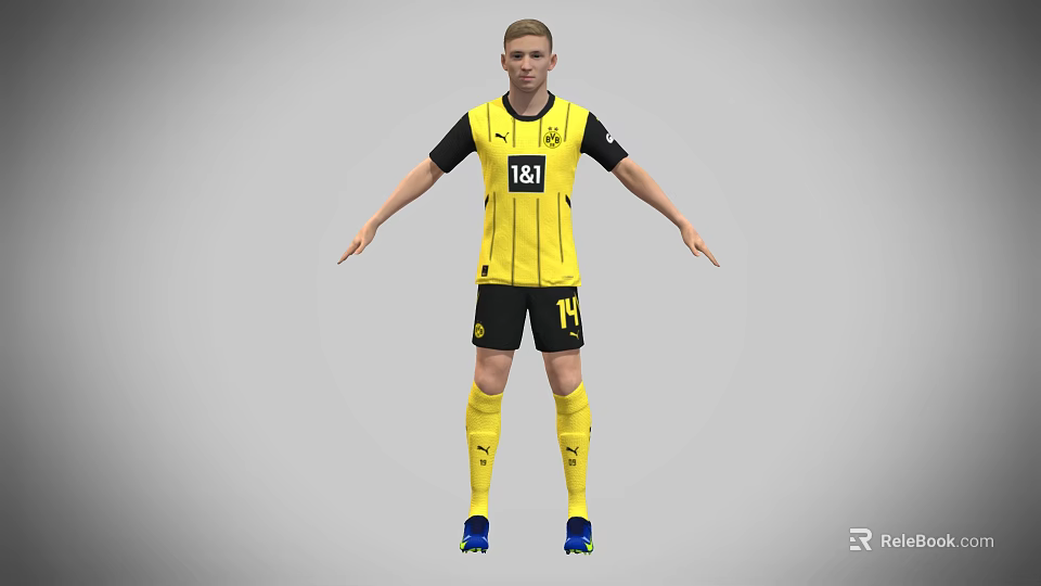 Game Movie Character Standing In Yellow Black Football Jersey With Number 14 And Blue Cleats 3d model 