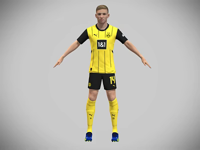 Game Movie Character Standing In Yellow Black Football Jersey With Number 14 And Blue Cleats 3d model