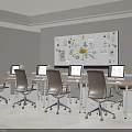 Modern Office Desks With Computers And Whiteboard Featuring Charts And Notes