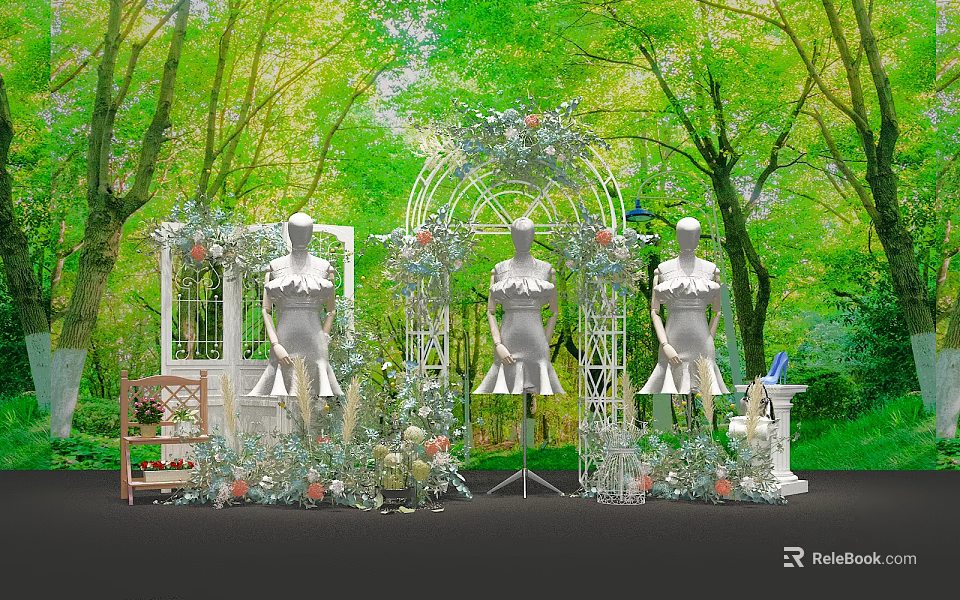 Mannequins In White Dresses With Decorative Arch Floral Decor And Green Tree Background 3d model 