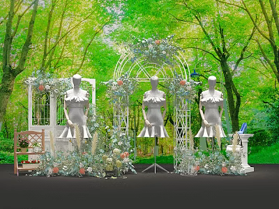 Mannequins In White Dresses With Decorative Arch Floral Decor And Green Tree Background 3d model