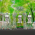 Mannequins In White Dresses With Decorative Arch Floral Decor And Green Tree Background