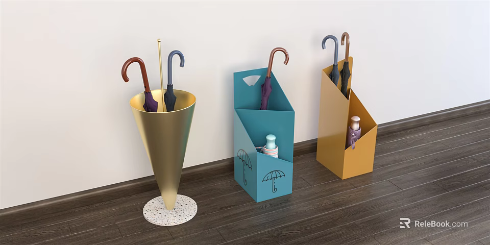 Stylish Household Umbrella Stands With Conical Box Shaped Designs In Gold Blue Yellow 3d model 