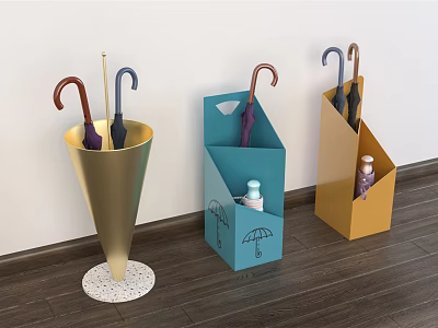 Stylish Household Umbrella Stands With Conical Box Shaped Designs In Gold Blue Yellow 3d model