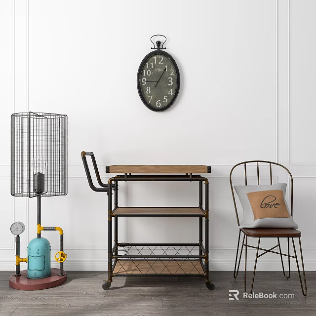 Vintage Room Decor With Black Wall Clock Blue Gas Cylinder Metal Mesh Heater And Chair 3d model 