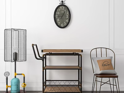 Vintage Room Decor With Black Wall Clock Blue Gas Cylinder Metal Mesh Heater And Chair 3d model