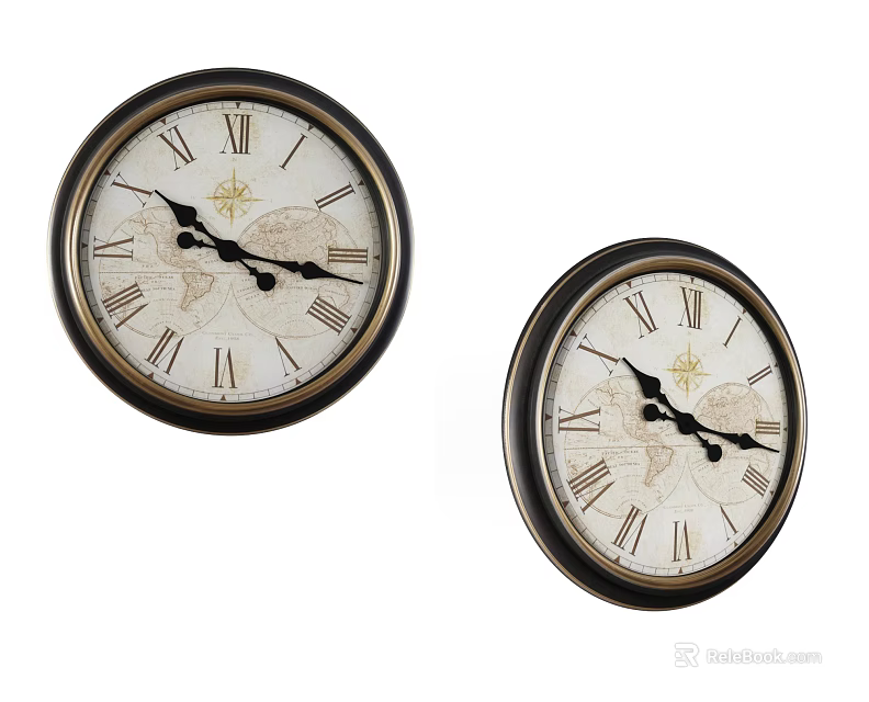Two Vintage Decorative Wall Clocks With Roman Numerals And World Map Dials 3d model 