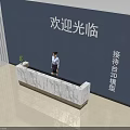 Modern Marble Reception Desk In Lobby With Blue Wall And Linear Design Elements